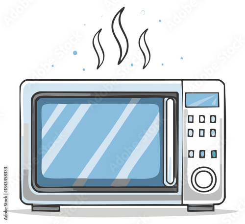 Cartoon microwave oven with steam coming from it, cooking appliance illustration