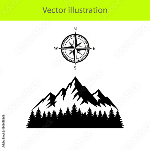 Black and white vector illustration of a mountain range with forest and a compass rose