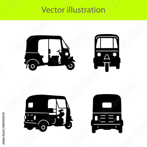 Set of auto rickshaw icons in black silhouette style