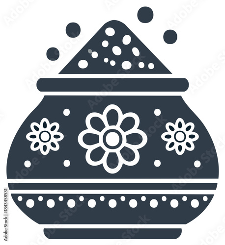 Stylized illustration of a pot overflowing with powder with floral decoration.