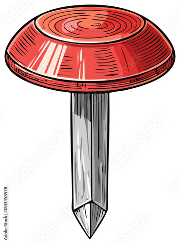 Vibrant red drawing pin illustration with detailed shading and pointed shaft for office or school use