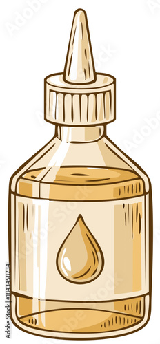 Cartoon illustration of a bottle of golden liquid with a dropper tip and a droplet.