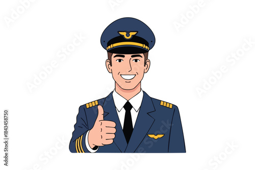 Cartoon pilot in uniform gives a thumbs-up gesture, smiling, white background