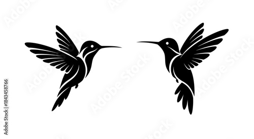 Two black hummingbird silhouettes with spread wings facing each other on a white background, elegant and symmetrical design.