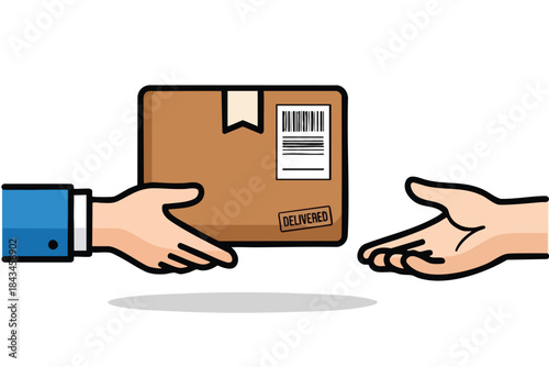 Cartoon delivery graphic hands interacting with a package marked "delivered