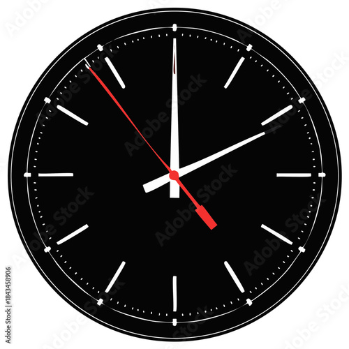 Graphic illustration of a minimalist round black wall clock with hour minute and second hands