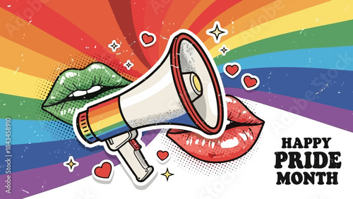 Happy Pride Month Illustration with Rainbow Colors, Megaphone, and Lips