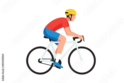 A cyclist in red and blue gear, wearing a yellow helmet, riding a white bicycle