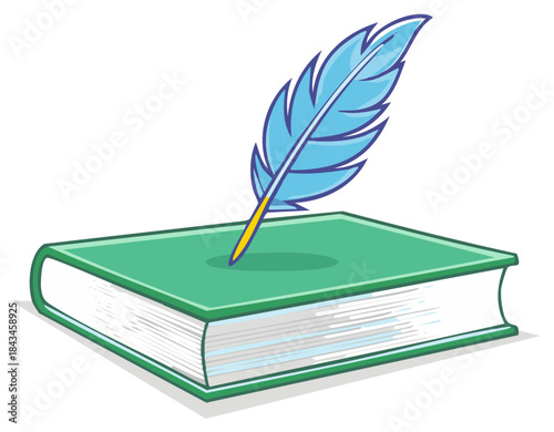 Green Book with Blue Feather Quill Illustration for Writing and Learning Concepts