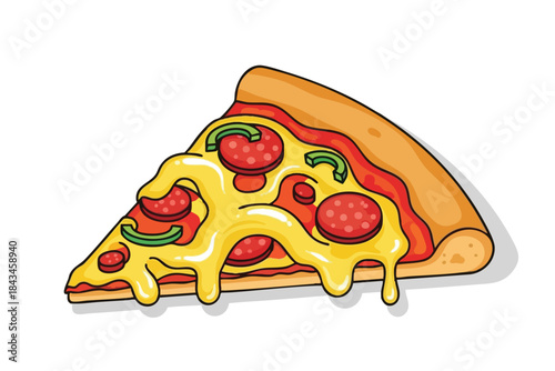 A cartoonish pizza slice with pepperoni, peppers, and dripping cheese