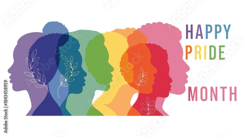 Happy Pride Month Diverse People Silhouettes in Rainbow Colors with Laurel Branches