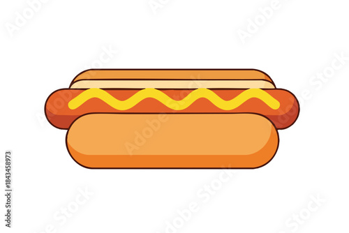 Cartoon hotdog with mustard on white. Simple illustration of a sandwich