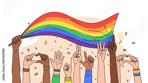 Diverse Hands Holding Rainbow Flag and Celebrating Pride Month with Confetti