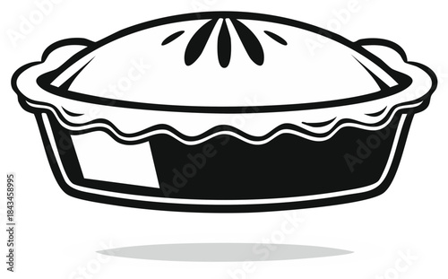 Black and white illustration of a delicious fruit pie with a decorative crust