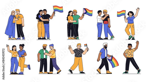 Diverse LGBTQ+ People Celebrating Pride with Rainbow Flags and Hugs