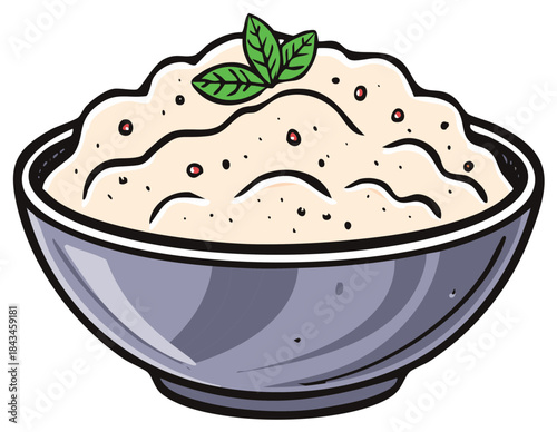 Cartoon illustration of a bowl of creamy food like mashed potatoes or porridge with an herb garnish