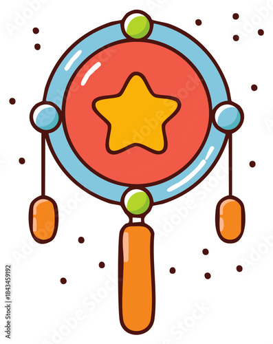 Colorful cartoon drum rattle with star and dangling elements for baby or child entertainment