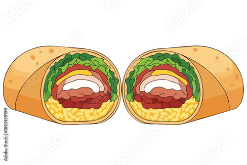 Two halves of a burrito, showcasing filling and rolled shell