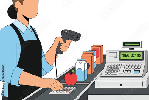 Illustration of a cashier scanning groceries at a checkout counter, showing the total