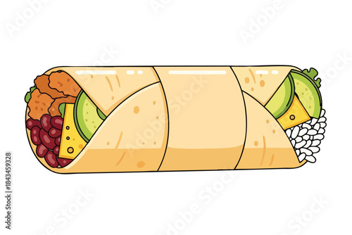 A cartoon burrito packed with fillings beans, avocado, cheese, rice, and possibly meat