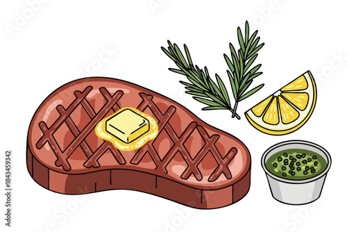 An illustration shows a grilled steak with butter, rosemary, lemon, and a sauce