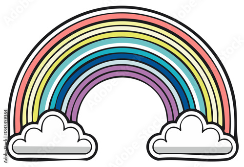 Colorful Rainbow with Clouds Illustration Graphic, Cartoon Design, Pastel Colors, Weather Phenomenon