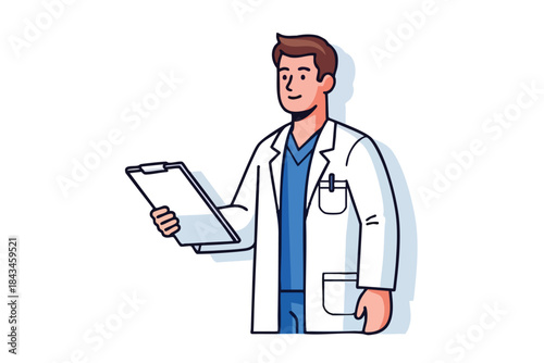 Cartoon doctor holds clipboard, wearing white coat, blue scrubs, and smiles
