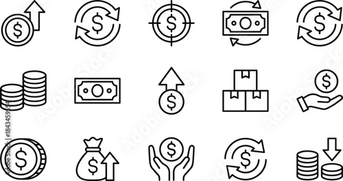 Comprehensive Finance, Tax, and Money Management Line Icons Set: Investment, Budgeting, Growth Chart, Piggy Bank, Calculator, Credit Card, and Cash Flow Symbols