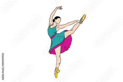 Colorful line art of a ballerina in a graceful pose, reaching high