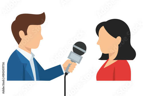 Cartoon interview scene with a man in blue suit and a woman in red shirt