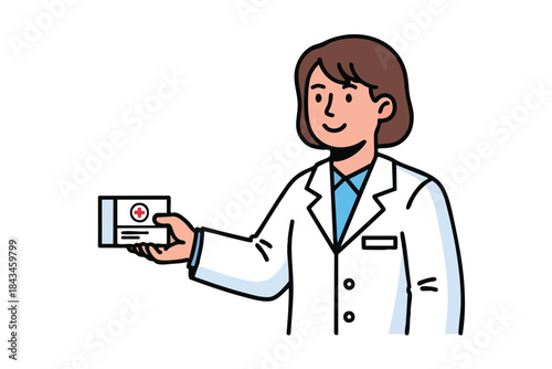 A smiling healthcare worker in a white coat holding a card with a red cross