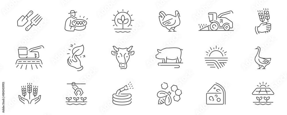Fototapeta premium Farming line icons set. Agriculture farm industry concept vector. Symbols or signs for website and mobile app design