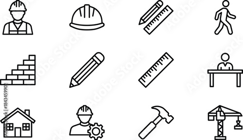 Construction and Engineering Line Icons Vector Set Building Architecture Tools Worker Symbols Development Industry Safety Equipment
