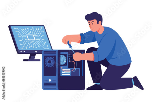 Man fixing a desktop computer with a screwdriver, monitor to the left