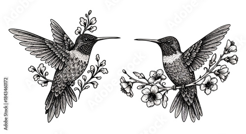 Two detailed black and white hummingbirds, one flying and one perched on a flowering branch, in an illustrative style.