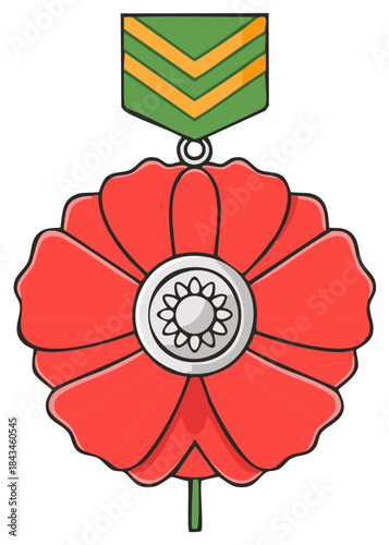 Stylized military medal award shaped like a red poppy flower with a ribbon