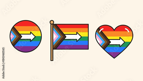Progress Pride Flag Symbols: Circle, Flag, and Heart Icons with Arrows