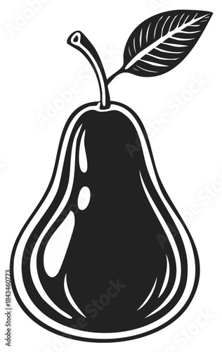 Monochrome illustration of a juicy pear with a glossy texture and leaf, showcasing clean lines and bold contrast on white