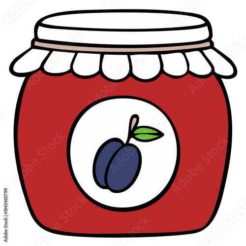 Glass Jar Filled with Plum Jam or Jelly with Plum Label Illustration Isolated