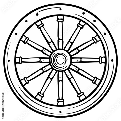Vintage wooden wagon wheel black and white line art illustration symbol