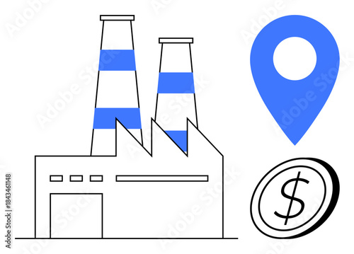 Industry, manufacturing, economics, logistics, business operations, location services. Factory building with chimneys, blue marker and dollar coin symbol. Industry and economics conceptual idea