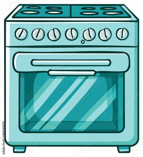 Cartoon illustration of a teal kitchen oven with electric stove.
