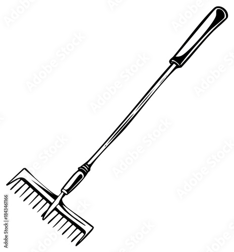 Garden Rake Illustration: Classic Gardening Tool for Leaves, Lawn, and Maintenance Tasks