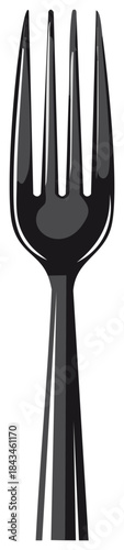 Stylized graphic illustration of a shiny black metal fork for a restaurant menu or dining concept