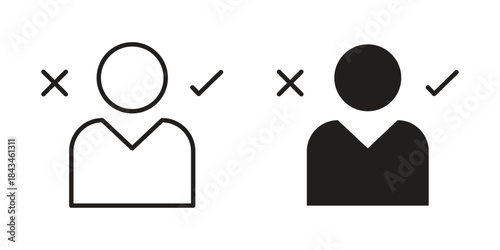 Decision making icons. Solid black silhouette and line art outline. Minimal design element,