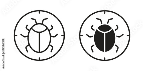 Debug icons. Solid black silhouette and line art outline. Minimal design element,
