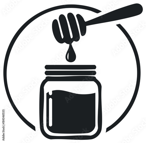 Minimalist vector graphic of honey dripping from a dipper into a jar