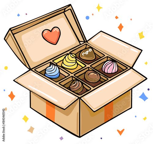 Assorted heart-adorned chocolate box with colorful confetti and sweet treats inside