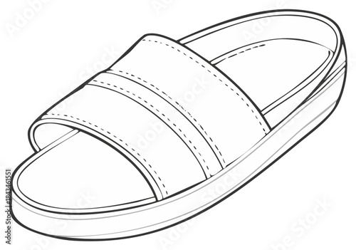 Minimalist Line Drawing of Single Slide Sandal with Platform Sole and Double Straps Summer Fashion