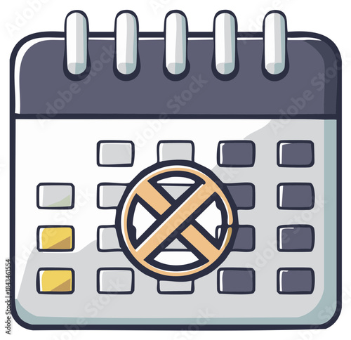 Cartoon calendar with a cancellation sign icon for unavailable dates or postponed events